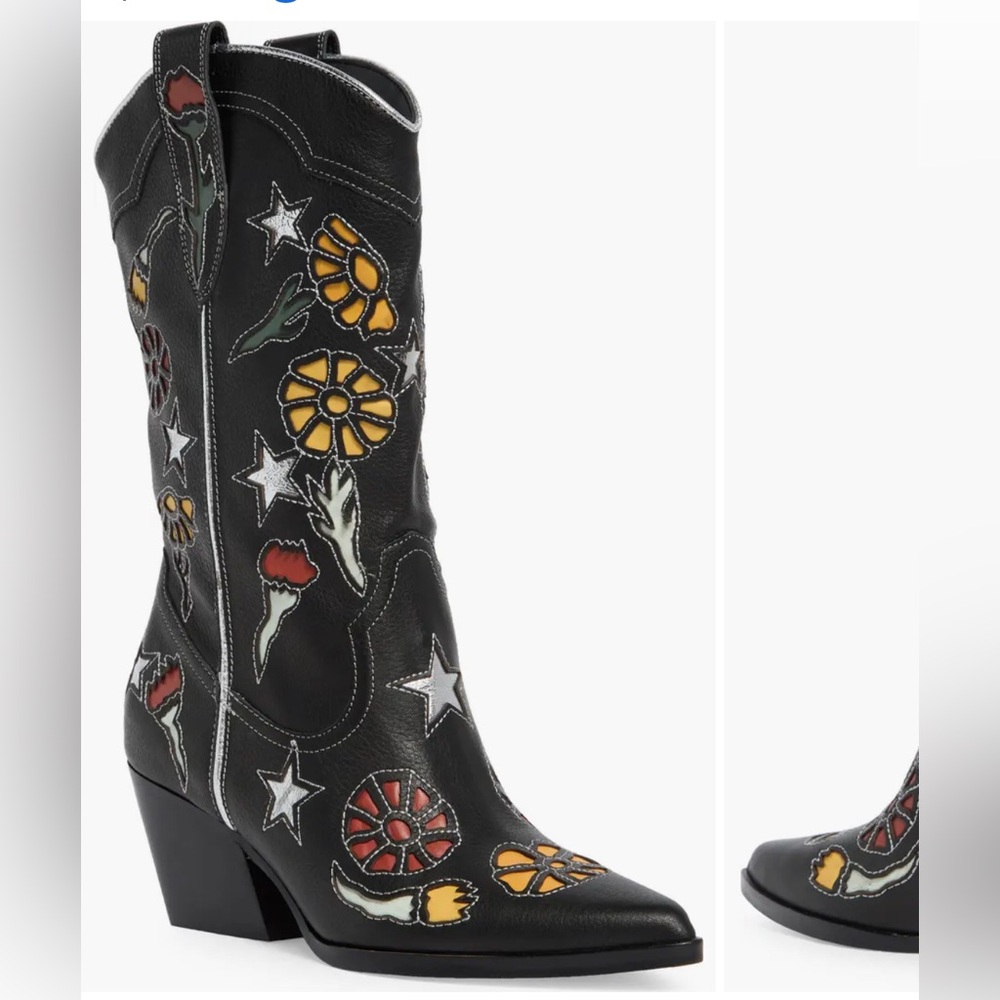 Floral Embroidered Black Cowboy Boots